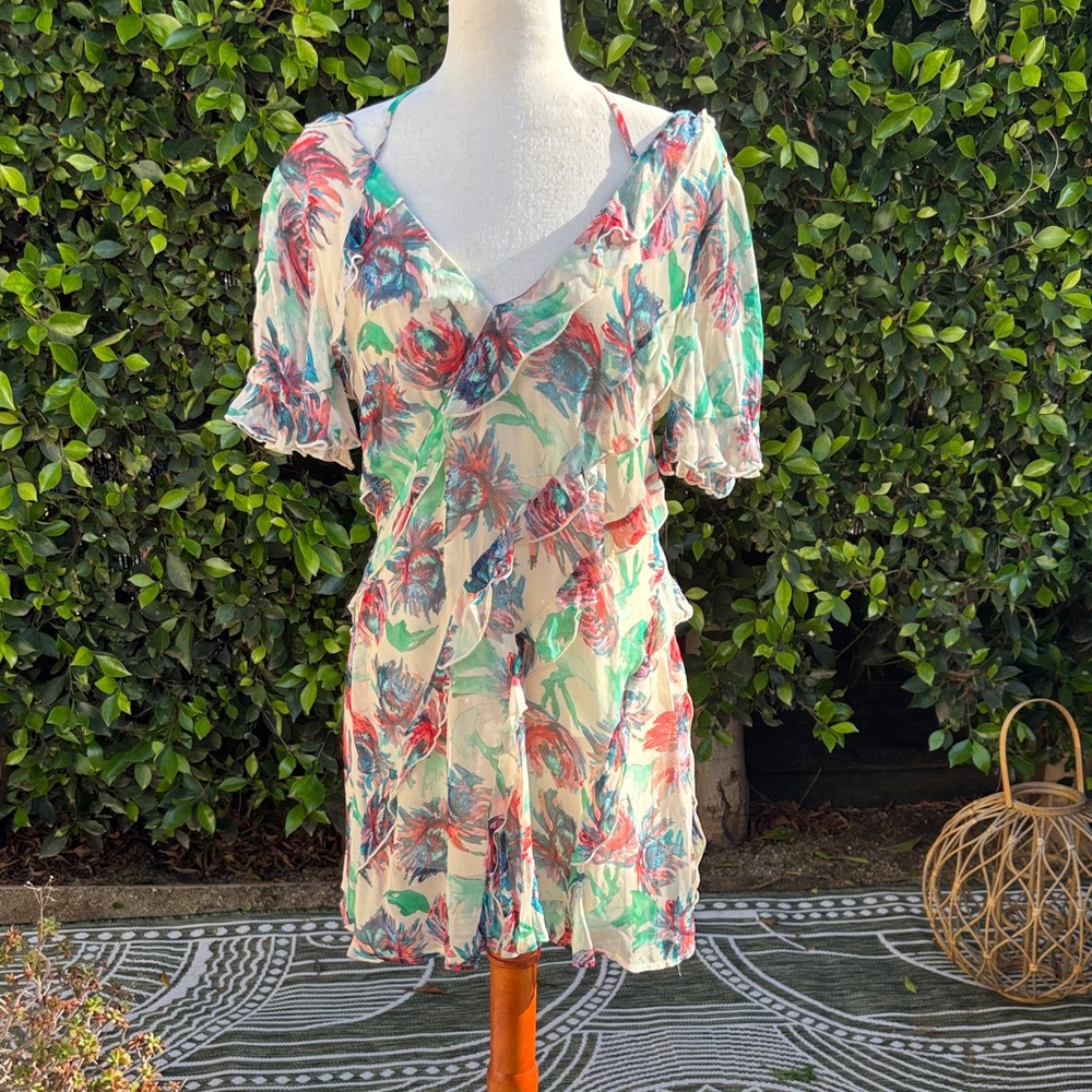 Anthropologie Soft Printed Mini Dress Size M Flutter Sleeves Watercolor Floral